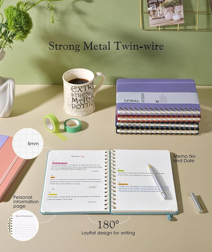 Graph Spiral Journal Notebook, A5 Hardcover Spiral Journals for Women Men, 100 GSM Graph Paper Notebooks, 150 Pages Spiral Bound Grid Notebook for Writing Note Taking Work 5.75" x 8.38", Misty Blue