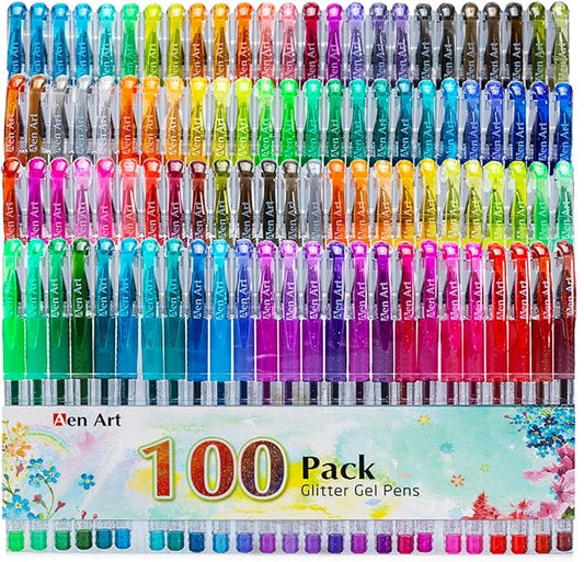 Glitter Gel Pens, 100 Color Glitter Pen Set for Making Cards, 30% More Ink Neon Glitter Gel Marker for Adult Coloring Books, Journaling Crafting Doodling Drawing