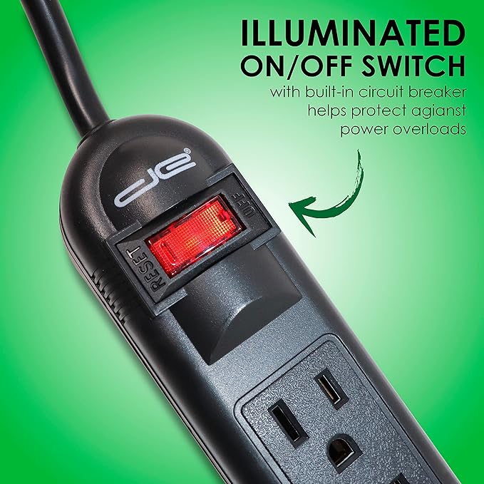 Digital Energy 6-Outlet Surge Protector Power Strip with 15-Ft Long Extension Cord, Black, ETL Listed/UL Standard