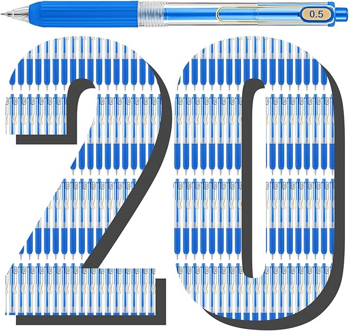 Aozora 20 Pack Blue Gel Pens Fine Point Smooth Writing Pens Retractable Blue Ink Pen with Soft Grip 0.5mm Quick Dry Office School Supplies Gold Clip