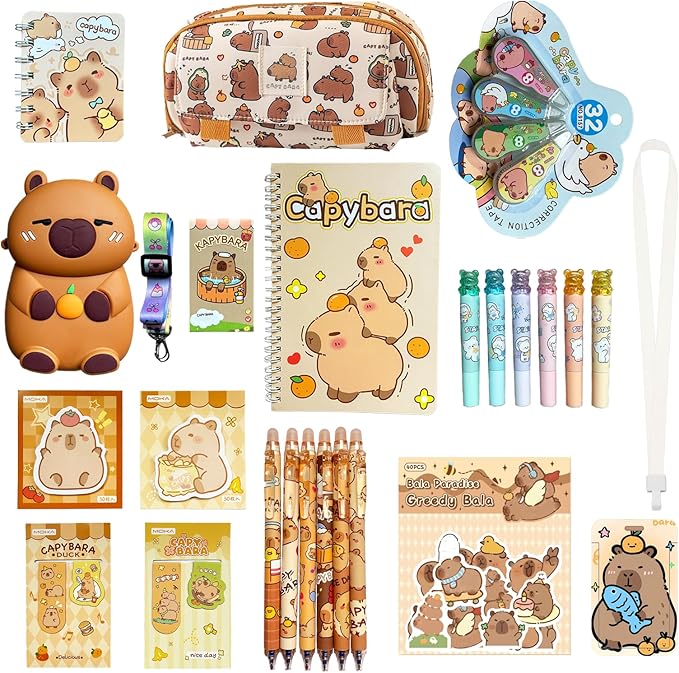 Capybara Stationery Gifts Set for Kids,28 Pcs Kawaii School Supplies Kit with Pencil Case,Notebooks,Erasable Pens,Stickers-Cute Back to School,Easter,Birthday & Christmas Gift Box