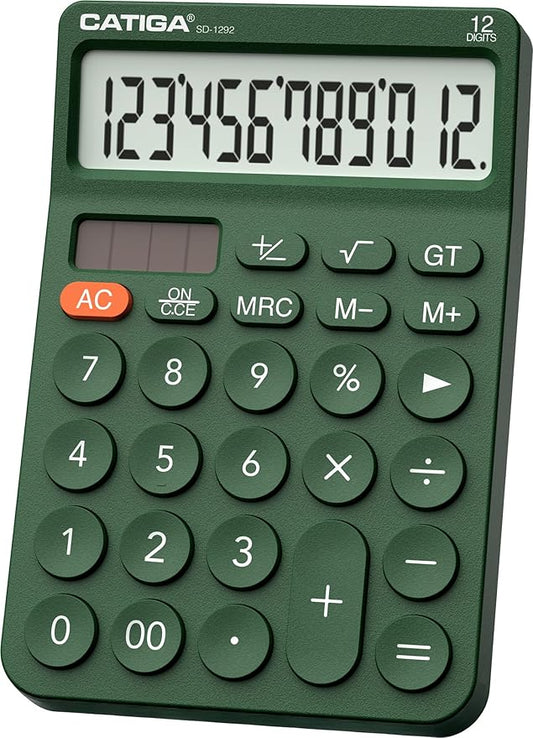 CATIGA 12 Digit Desktop Calculator Basic Desk Calculator with Large LCD Display, Big Buttons, 4 Function, Solar and Battery Dual Power, for Office, School, Home, SD-1292 Green
