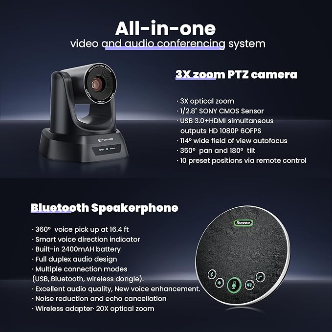 Conference Room PTZ Camera System 3X Optical Zoom USB3.0, HDMI 114° Wide Angle 1080P 60fps Camera Bundle with Bluetooth Microphones - Easy Setup for Church