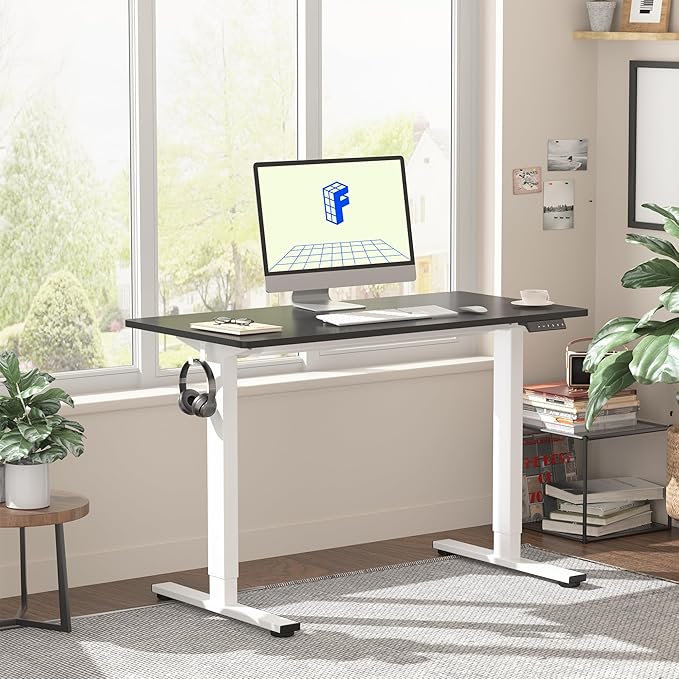 FLEXISPOT EN1 One-Piece Standing Desk, 40 x 24 Inches Large Height Adjustable Desk, Electric Sit Stand Desk Home Office Table Computer Workstation (White Frame + Black Desktop, 2 Packages)