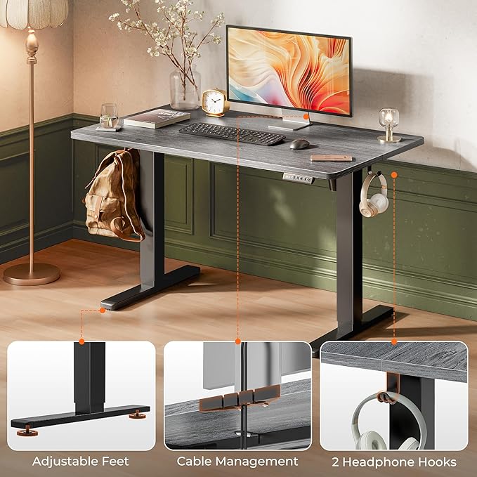 Huuger 48 x 28 Large Electric Standing Desk, Height Adjustable Desk, 27.6" Deep Desktop, Stand up Gaming, 2 Hooks, 3 Preset Heights, for Home Office, Grey