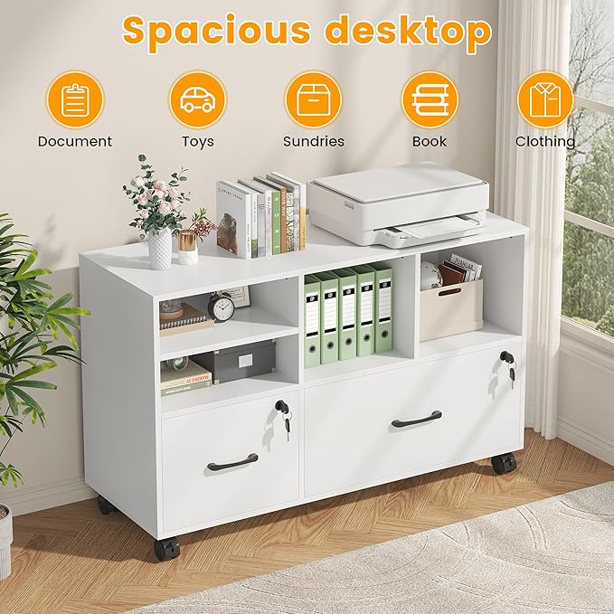 2 Drawer Wood Mobile Large Lateral File Cabinet with Lock, Lockable Rolling Filing Cabinet with Storage Shelves, Printer Stand Office Storage for Home Office Fits Files Legal/A4,White