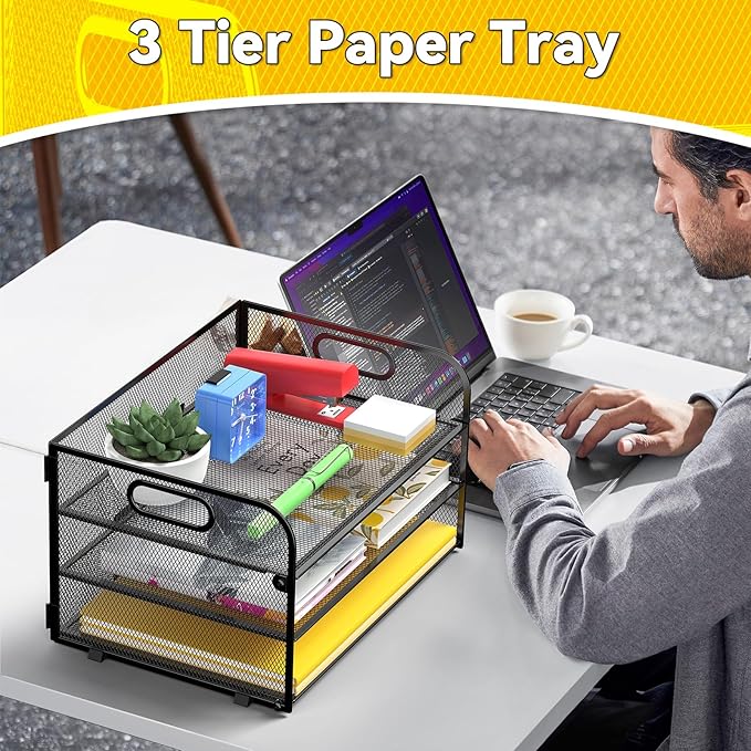 3-Tier Paper Letter Organizer Tray with Handle, Mesh Desk File Organizer for Office, Home, School - 2 Pack, Black