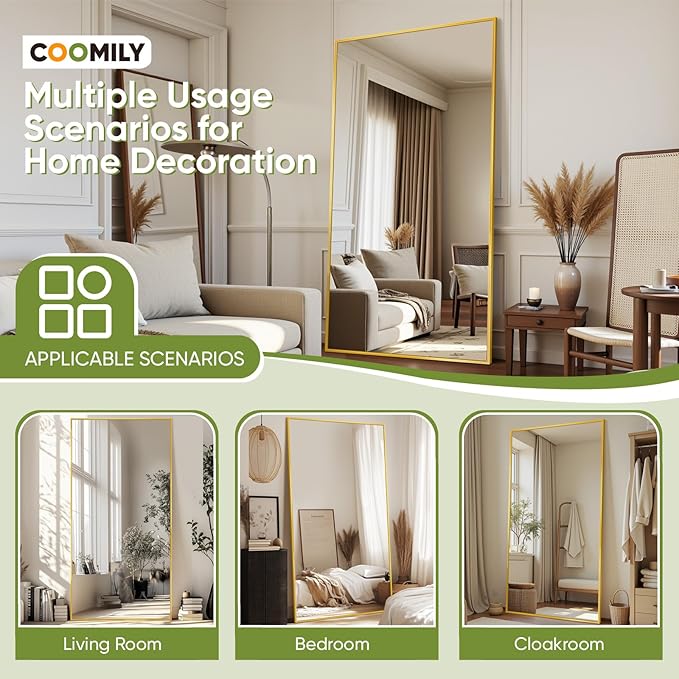 Full-Length Floor Mirror with Stand, 71"x28" Rectangle Style Full Body Standing Mirror for Bedroom, Living Room, Gym, Dorm - Shatter-Resistant & Easy Assembly, Gold