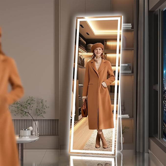 Hasipu Full Length LED Mirror with Lights, 56" x 18" Floor Standing or Wall Hanging Mounted, Full Body Dressing Mirror, Dimmable Tempered Glass, Square White