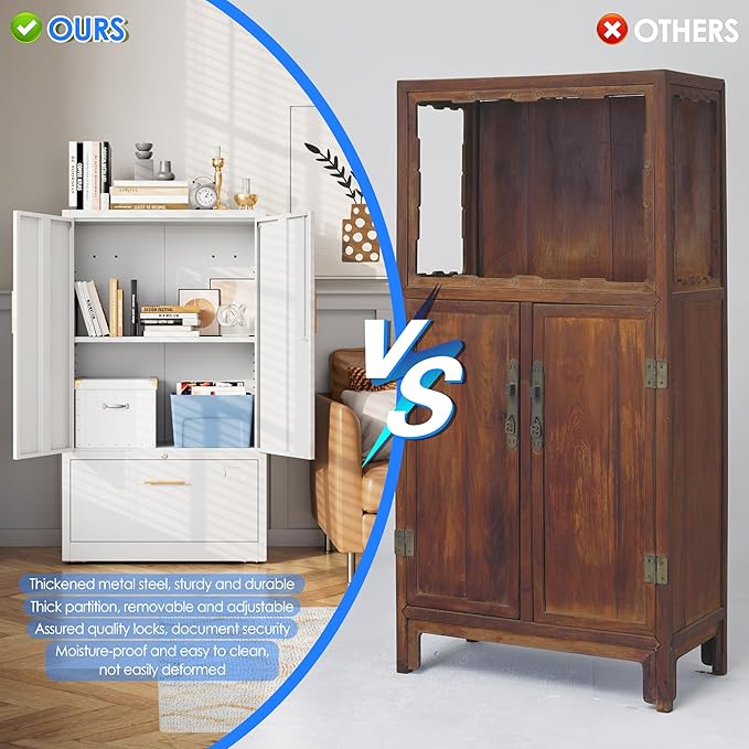 1 Drawer Lateral File Cabinet with Lock, Metal Filing Storage Cabinet with Locking Doors and Adjustable Shelf for Home, Office, School, Fits A4/Letter/Legal Size Folders, White