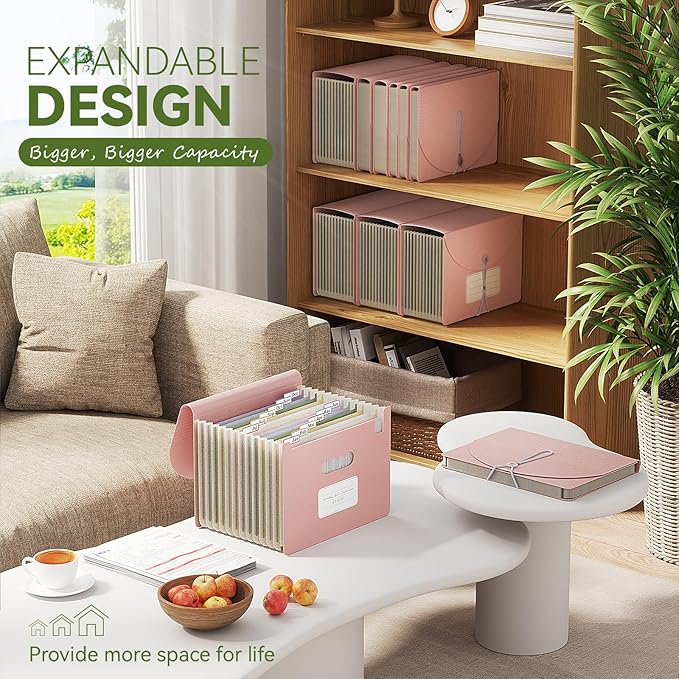 Accordion File Organizer, 13 Pockets Wheat Straw Expanding File Folder, Portable Monthly Paper Bill Tax Receipt Organizer, Letter A4 Size Document Holder with Colorful Tab - Strawberry Pink