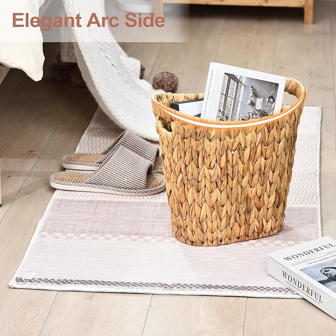 FairyHaus Wicker Trash Can with Handles, Natural Water Hyacinth Wicker Waste Basket, Handwoven Wicker Trash Basket for Bathroom Bedrooms, 13" L x 7.5" W x 12.2" H