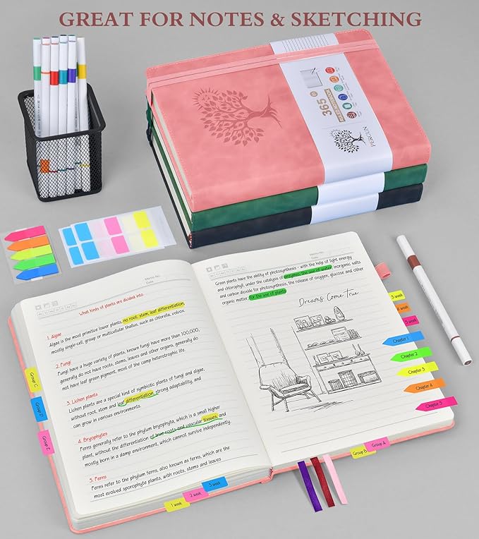 A5 Lined Journal Notebook - 365 Page Leather Journals for Writing Women & Men，Hardcover Notebook with 100Gsm Thick Pages，Daily Diary for Travel, Work，School，Note Taking，College Ruled (5.9" x 8.5")