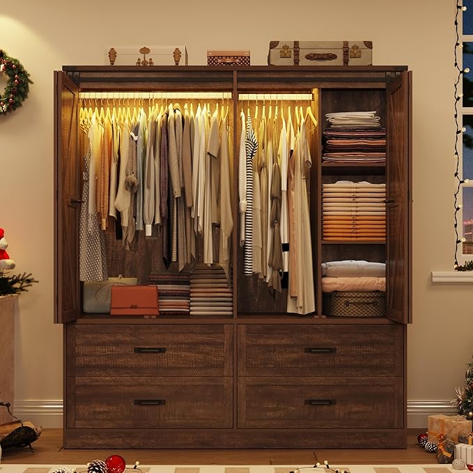 Farmhouse 4 Doors Armoire Wardrobe Closet w/Folding Sliding Barn Door and Lights, LED Armoire Closet w/Drawers for Bedroom, Freestanding Wooden Wardrobe Storage Closets w/Hanging Rod,Rustic Brown
