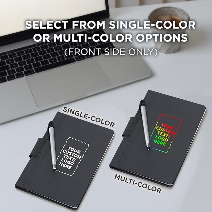 DISCOUNT PROMOS 100 Executive Notebooks with Pen Pack - Customizable Text, Logo - 6 x 8.5 inches, Recycled, Pen Loop, Closure Strap - Black