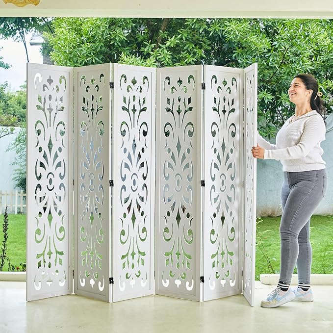 5.6Ft Room Divider Folding Wood Classical Carved Partition Screen for Home Office Garden - 6 Panels (White)