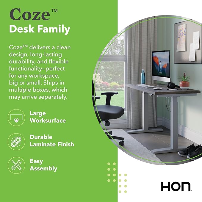 HON Coze Electric Standing Desk Adjustable Height, Coordinate Height Adjustable Desk, 48", Natural Recon Top, Black Base