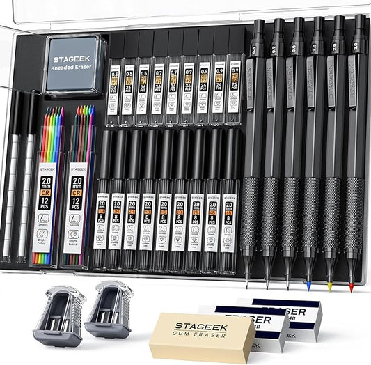 35PCS Black Art Mechanical Pencil Set in Case，0.5 0.7 0.9 2.0 Graphite Metal Drawing Drafting Pencils, Sharpener Erasers 384PCS Lead Refills (6B 4B 2B HB 2H 4H Colors) for Writing Sketching