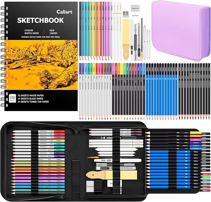 Caliart 176PCS Art Supplies Sketching Kit with 100 Sheets 3-Color Sketch Book, Graphite Colored Charcoal Watercolor & Metallic Pencils, School Supplies Gifts for Artists Adults Teens Girls Boys Kids