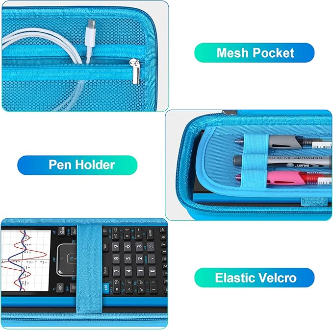 BOVKE Calculator Case for Texas Instruments TI-Nspire CX II CAS/CX II/CX CAS/CX Color Graphing Calculator and More - Extra Mesh Pocket for USB Cables and Other Accessories, Blue