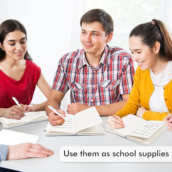 feela 5 Pack Notebooks Journals Bulk, Hardcover Notebook Classic Ruled Lined Journals with Pen Holder for Women Girls School Business Supplies, with 5 Black Pens, 120 GSM, 5.1”x8.3”, A5, White