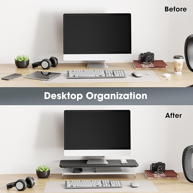 Fenge Acrylic Monitor Stand Riser, 23.6 Inches Monitor Stand with Metal Storage, 2 Tier Acrylic Computer Riser for Desk, Clear Laptop Stand for PC, Laptop, Printer, TV