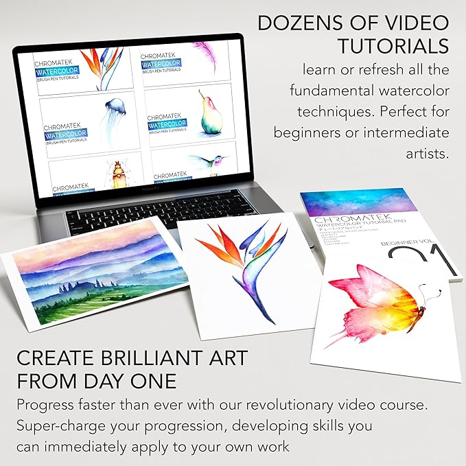 CHROMATEK 108 Watercolor Pens Set | Including 15 Page Pad & Online Video Tutorial Series | 5 Aquapens & 100 Unique Colors | Real Brush Pens | Easily Blendable, Vivid and Smooth