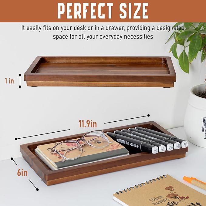 Demigo Acacia Wood Valet Tray & Catchall (11.9x6x1 inch) - Wooden Desk Organizer for Office Supplies, Keys, Wallet & Mail - Entryway & Nightstand Decor