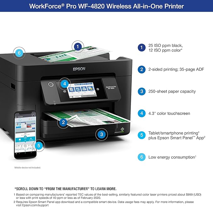 Epson® Workforce® Pro WF-4820 Wireless Color Inkjet All-in-One Printer, Black, Large & T252 DURABrite Ultra Ink High Capacity Black Cartridge (T252XL120-S) for Select Workforce Printers