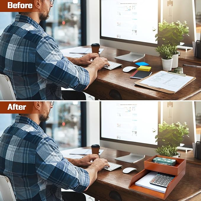 Desk Organizer Letter Tray Set of 2, Magnetic Wooden Tabletop Desktop for Storage Paper Letter Folders Notebooks Copy Print, Workspace Holder, Office Supplies, Keep Stationery Saver-Brown