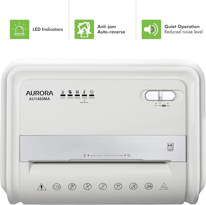 Aurora AU1480MA Professional Grade 14-Sheet Micro-Cut Paper and CD/Credit Card Shredder/ 30 Minutes Continuous Run Time, White/Gray