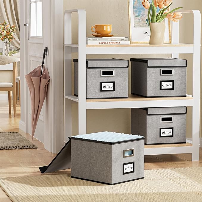 Huolewa Collapsible File Storage Organizer Boxes with Lids, Portable Large Linen Hanging Filing Storage Boxes, Decorative Home/Office Filling System for File and Folder Storage (Grey)-2 Pack