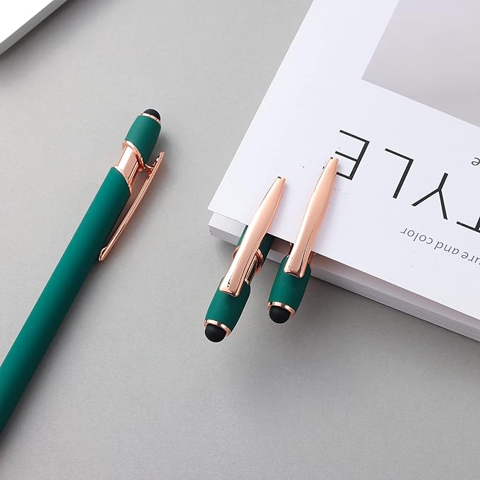 12 PCS 2 in 1 Stylus Ballpoint Pen with Stylus Tip, 1.0 mm Black Ink Metal Pen Stylus Pen for Touch Screens (Rose Gold & Green)