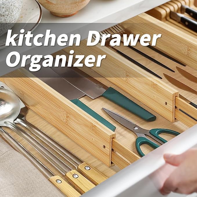 6 pcs Large Bamboo Drawer Dividers, Expandable 17"-22" Wooden Organizers for Kitchen, Office, Dresser, Bedroom, Clothes