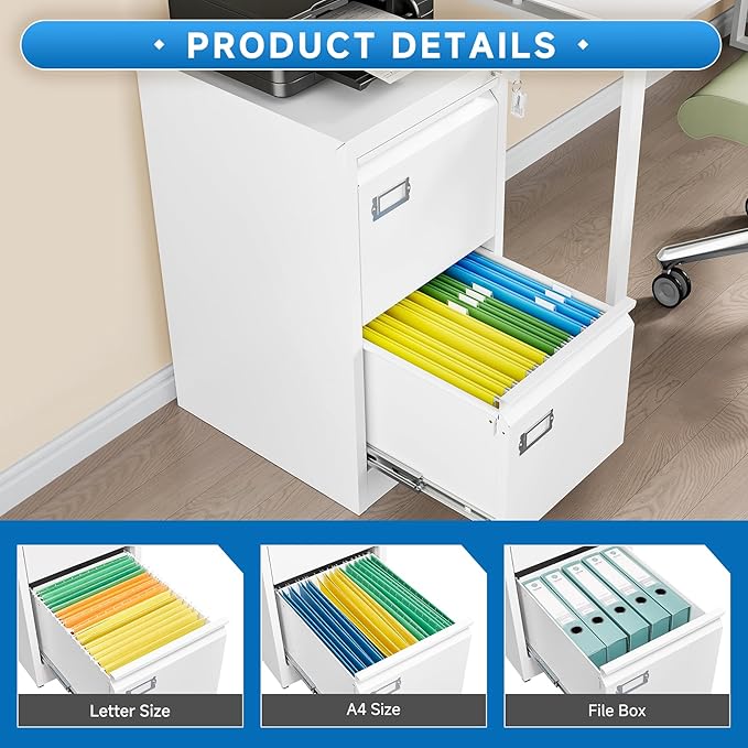 2 Drawer File Cabinet with Lock Metal Vertical Filing Storage Cabinet Office Home Steel Vertical File Cabinets for A4 Legal/Letter Size Narrow File Cabinet Locked,Assembly Required