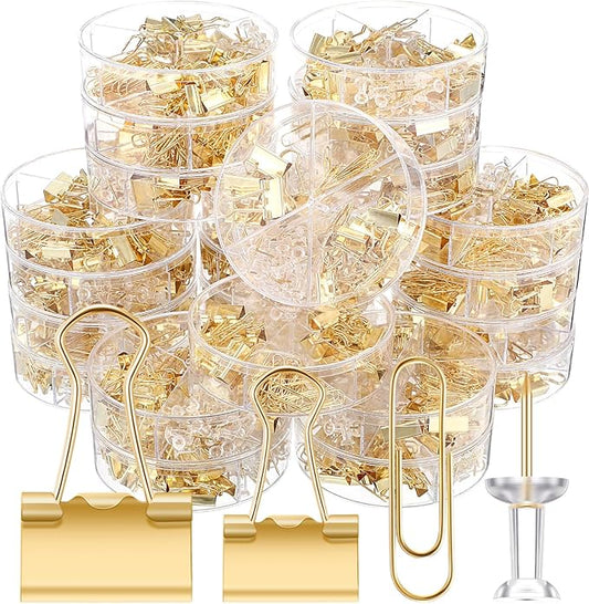 1560 Pcs Paper Clips and Binder Clips Assorted Sizes, Large Medium Small Binder Clip Paperclips Thumb Tacks, College Supplies Home Office Supplies Document Organizing(Gold)