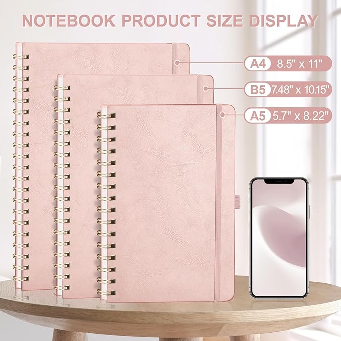 AHGXG Lined Spiral Notebook Journal for Women, Hardcover Leather Notebook College Ruled 140 Pages, A5 5.7" x 8.3", 100 GSM Thick Paper, Notebooks for School Work, Journals for Writing, Rose Gold