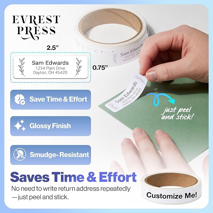 100 Personalized Address Labels - Glossy White Return Address Label 2.5" x 0.75'', Stylish Fonts for Envelopes & Packages, Customizable Labels for Home or Office Use