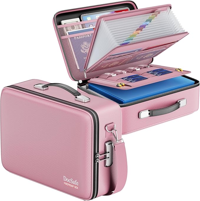 DocSafe Fireproof Document Box with Lock＆Shoulder Strap,Hard Case File Organizer with Accordion File Folder,Multi-Layer Portable Home Office Travel Safe Storage for Important Documents Laptop Pink