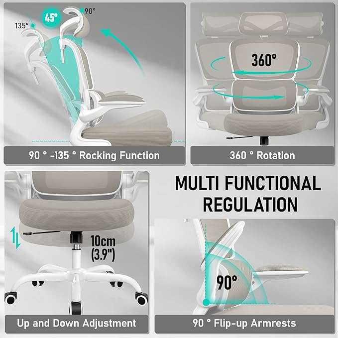 High Back Ergonomic Office Chair, Breathable Mesh Desk Chair with Lumbar Support, Adjustable Headrest, Flip-up Armrests, Computer Gaming Chair