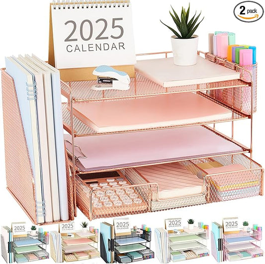 gianotter Desk Organizers and Accessories with File Holder, 4-Tier Desk Accessories & Workspace Organizers with Drawer and 2 Pen Holder, Paper Organizer for Office Supplies (Rose Gold)