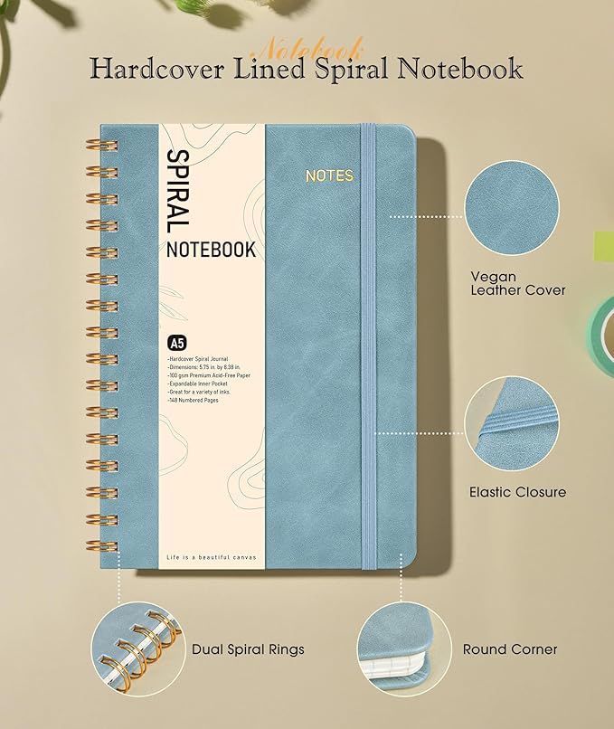 Dotted Spiral Journal Notebook, A5 Hardcover Spiral Journals for Women Men, 100 GSM Dot Grid Paper Notebooks, 150 Pages Spiral Bullet Dotted Notebook for Writing Note Taking 5.75" x 8.38", Misty Blue