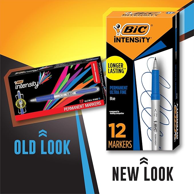 BIC Intensity Blue Permanent Markers, Ultra Fine Point, 12-Count Pack of Blue Markers With Non-Slip Grip for Comfort and Control