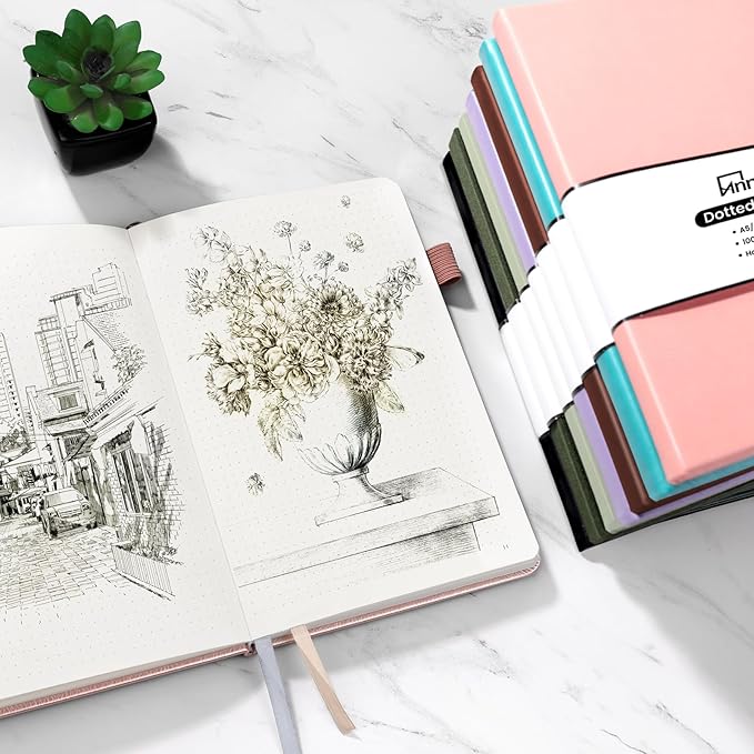 Annecy Numbered Bullet Dotted Journal Notebook, Medium 5.5x 8.25, 160 Pages 100GSM Writing Paper, A5 Black Faux Leather Cover with Pen Loop