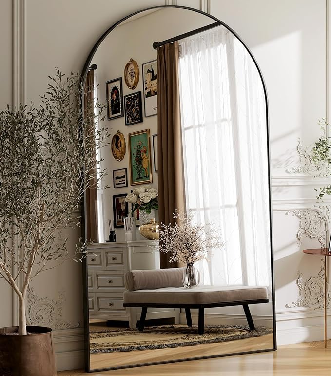 GLSLAND 72" x 44" Arched Full Length Mirror - Oversized Aluminum Alloy Frame Full Body Floor Mirrors with Stand Wall Mounted for Bedroom/Living Room, Black
