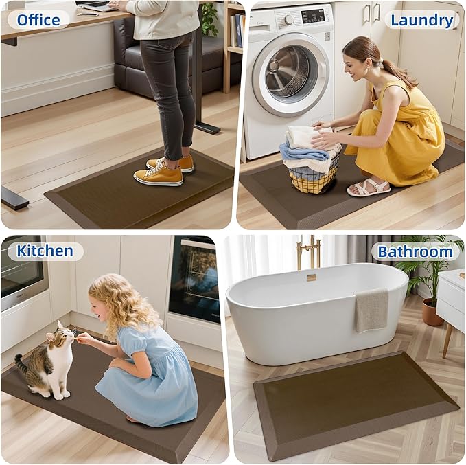 2 PCS Anti Fatigue Kitchen Mats for Floor, Brown 9/10 Extra Thick Cushioned Standing Desk Mat, Comfort Memory Foam Ergonomic Rugs and Mats Non-Slip Waterproof for Office, Kitchen, 20"x32"+20"x48"