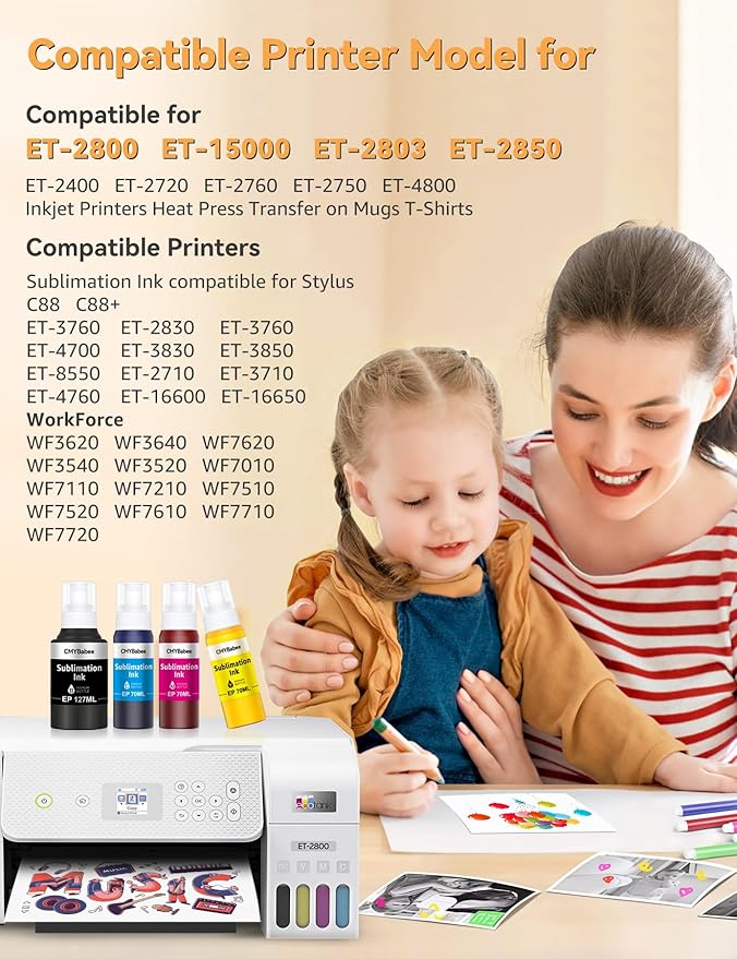 CMYBabee Sublimation Ink Refill Bottles Compatible for Epson Printers ET2800 ET15000 ET8550 ET2400 ET4800 ET2850 ET2803 ET3830 ET3850 ET4850 Heat Press Transfer on Mugs T-Shirts(4 Pack)