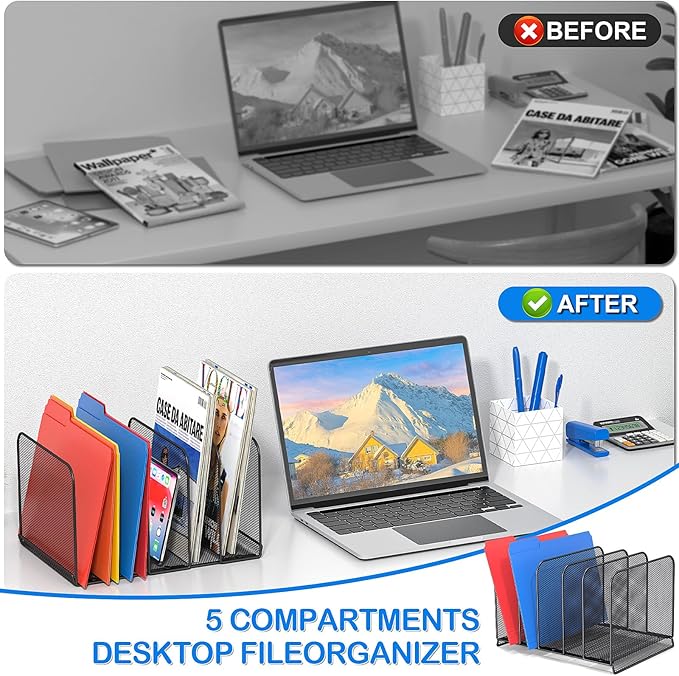 5 Sections Desk File Holder/Rack/Sorter,Mesh File Organizer,File Folder Organizer,Metal Upright Desktop Organization for Documents,Magazine,Kitchenware,Antiskid,Antirust,Sturdy,2 Packs