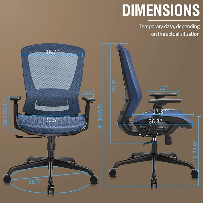 ELABEST Mesh Office Chair,Ergonomic Computer Desk Chair,Sturdy Task Chair- Adjustable Lumbar Support & Armrests,Tilt Function,Comfort Wide Seat,Swivel Home Office Chair (Blue)