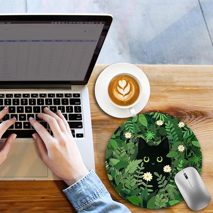 Black Cat Floral Mouse Pad, Small Round Mouse Pads for Desk, Cute Mini Travel Mousepad for Wireless Computer Laptop, Office Desk Accessories, 8.6 x 8.6 inch